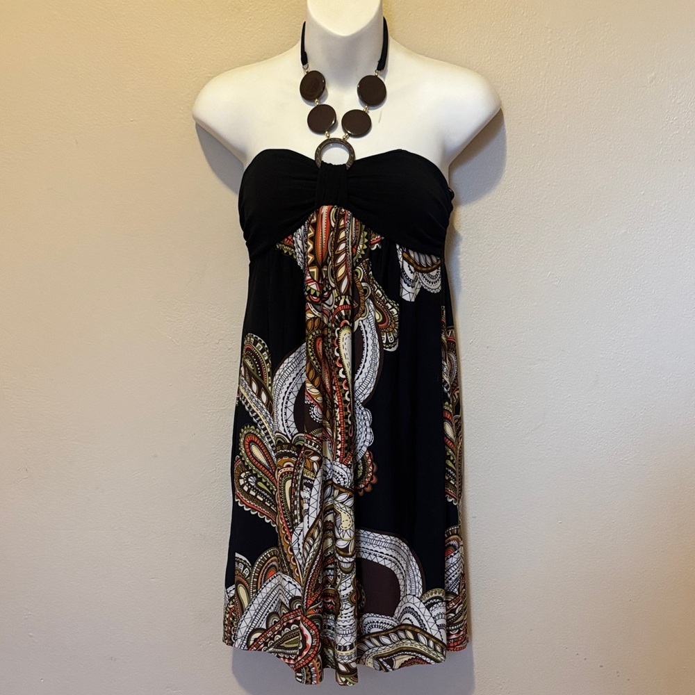 Iz Byer Black Strapless Dress with Paisley Accents